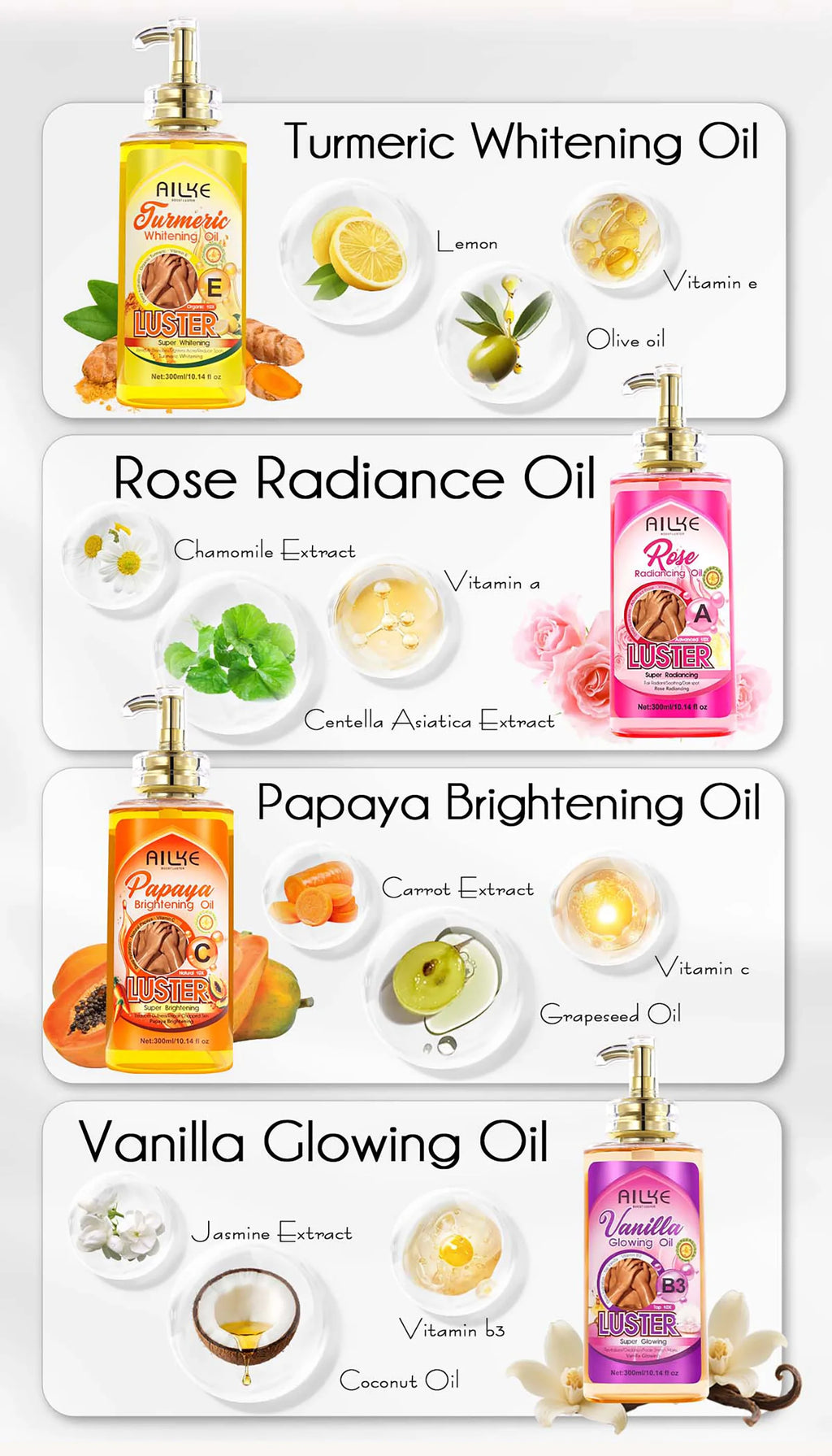 AILKE Whitening Body Oil, Moisturizing, Nourishing, Smooth Skin, Reduce Dark Spots, Suitable For All Skin Types, 300ml
