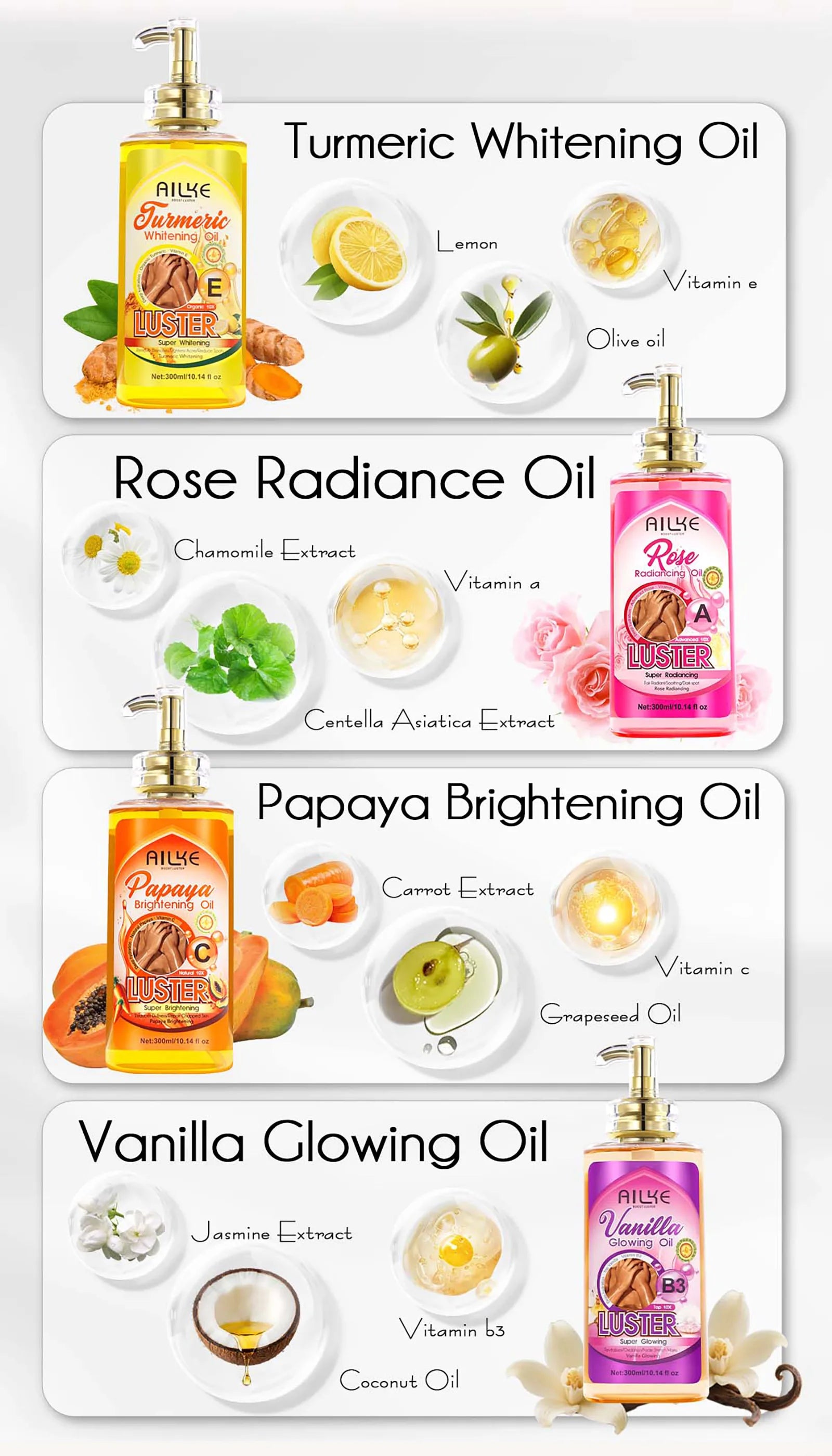AILKE Whitening Body Oil, Moisturizing, Nourishing, Smooth Skin, Reduce Dark Spots, Suitable For All Skin Types, 300ml