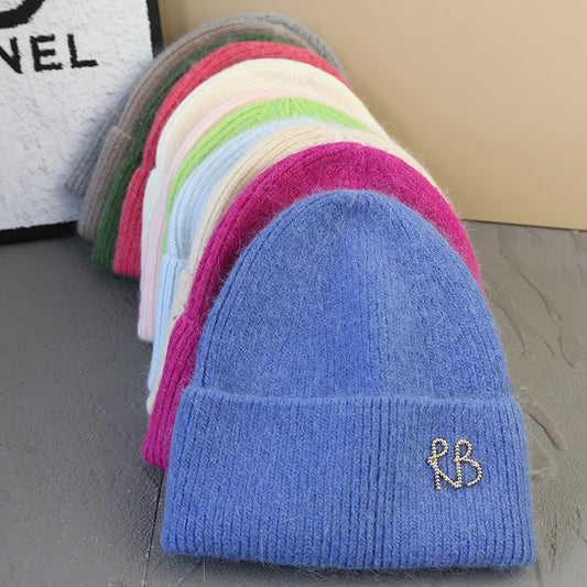 Letter Fluffy Angora Fur Beanies Winter Hat for Woman Luxury Fluffy Knited Hat Bonnet Lady Autumn Winter Warm Skullies Cap