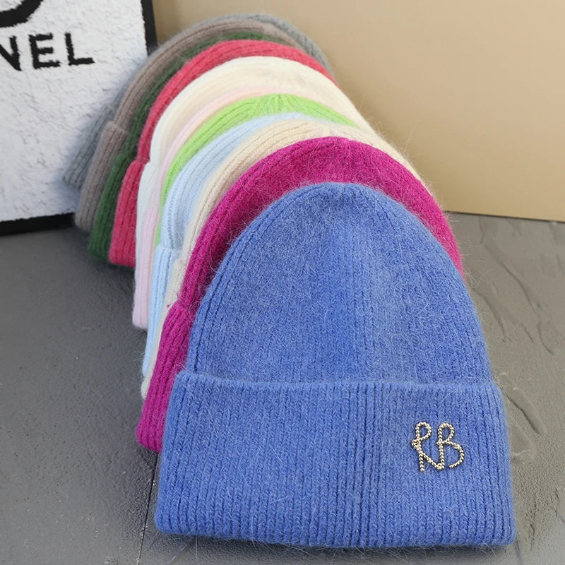 Letter Fluffy Angora Fur Beanies Winter Hat for Woman Luxury Fluffy Knited Hat Bonnet Lady Autumn Winter Warm Skullies Cap Main image