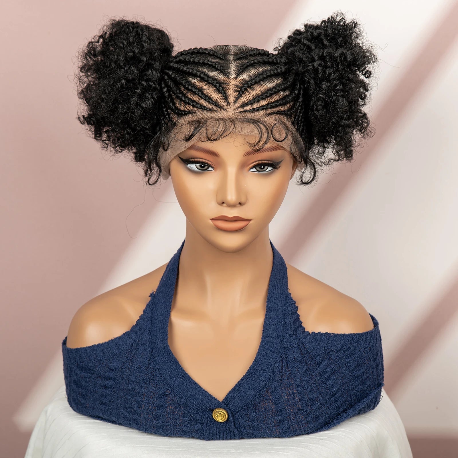 6 Inch Afro Cornrow Braided Wigs with Baby Hair Synthetic Full Lace Braid Wig Double Ponytail Bun Head Knotless Wig