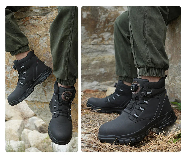 Rotating Button Work Shoes for Men Anti Puncture Work Sneakers Waterproof Work Safety Shoes Non Slip Steel Toe Tactical Boots