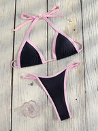 Halter Bordered Swimsuits Women Triangle Bikini 2025 Bandage Swimwear Print Bathing Suit Sexy Biquini Mujer Low Waist Beach Wear