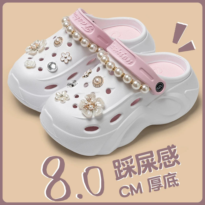 Summer Fashion Pearl Chain DIY Clogs Women 2025 Chunky Platform Slip On Sandals Women Thick Bottom EVA Slippers Shoes Woman Heel