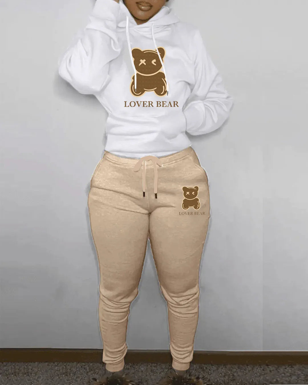 2 Piece Set Women Outfit Letter Bear Print Hooded Neck Hoodies Sweatshirt Pants Tracksuit 2024 Plus Size Streetwear Casual Suit