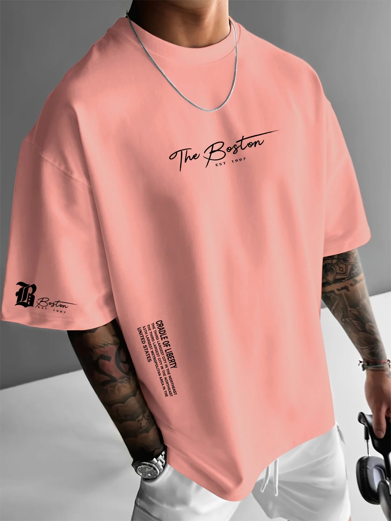 Men's summer 100 cotton fashionable casual sports loose Boston city slogan printed round neck short sleeved T-shirt top Secondary image