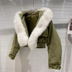 Big Fox Fur Collar Removable Rabbit Liner Short Coat Jacket for Women Winter Elastic Hem Hooded Jackets Wram Fashion Outwear