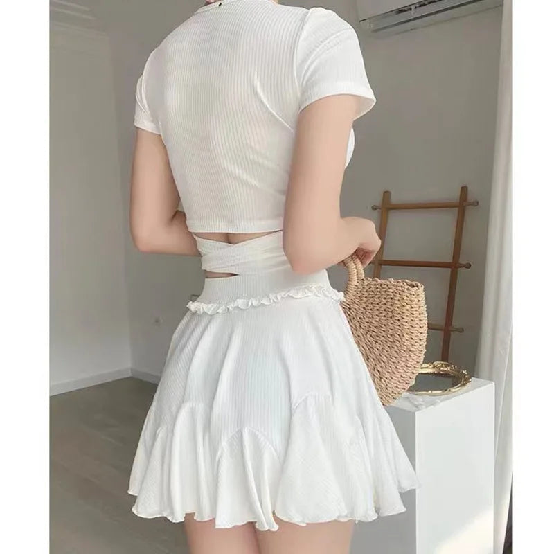 Women'sSwim Set Ribbed V Neck Wrap Crop Top With Tie Waist And Ruffled Flared Skirt Cover Up Modest Summer Bathing Suit Swimwear