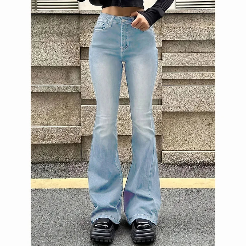 2026 Girls Concise Ins High Waist Flared Jeans Female Stretchy Bootcut Denim Pants Women Solid Color Thin Bell Bottoms Trousers