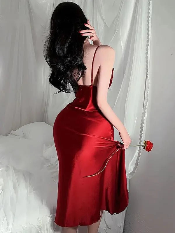 Red New Sling Sexy And Charming Ruffle Edge Bottom Split Smooth Surface Sleeveless Appear Thin Temperament Girl Long Dress 👗