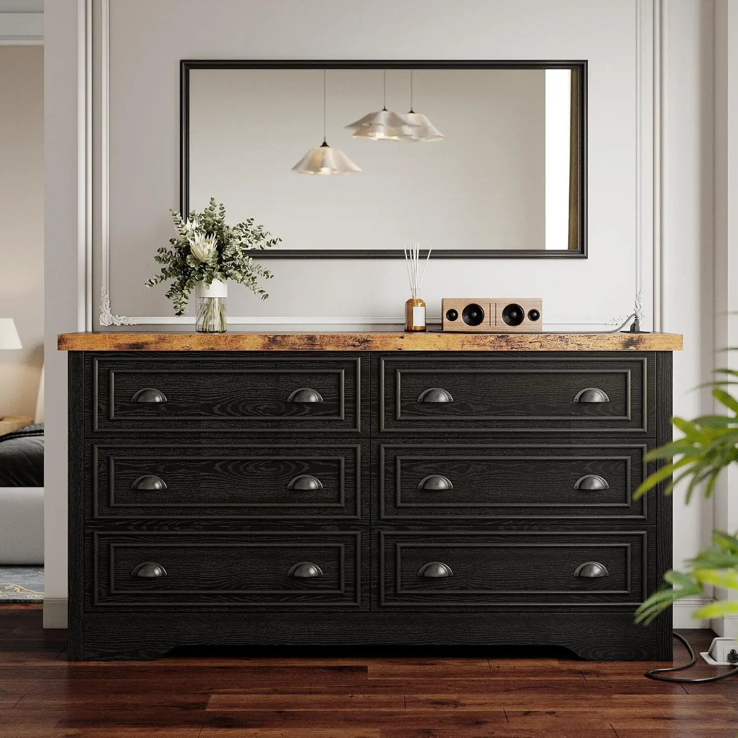 59" 6 Drawers Dresser for Bedroom, Power Strip, Farmhouse Large Wood Dressers & Chest of Drawers with Wide Storage, Customized