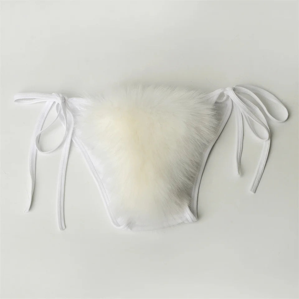Summer Women Fake Fox Fur Sexy Halter Solid Color Bikini Set Swimsuits Triangle Sexy Bikini Set Faux Fur Swimsuit Plush Swimwear