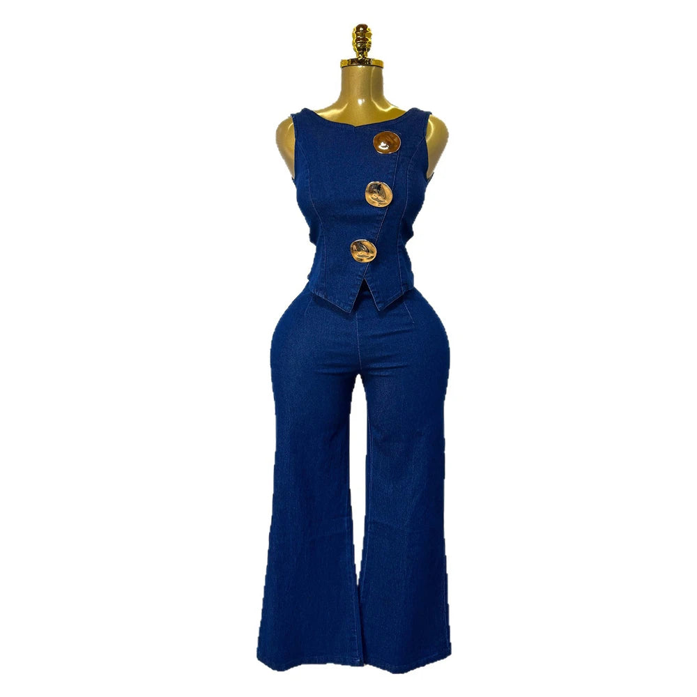 Fashion Denim Women Loungewear Sets Sleeveless Button Tank Tops and Wide Leg Jean Pants Suit 2025/2026 Holiday Outfits 2 Piece Set