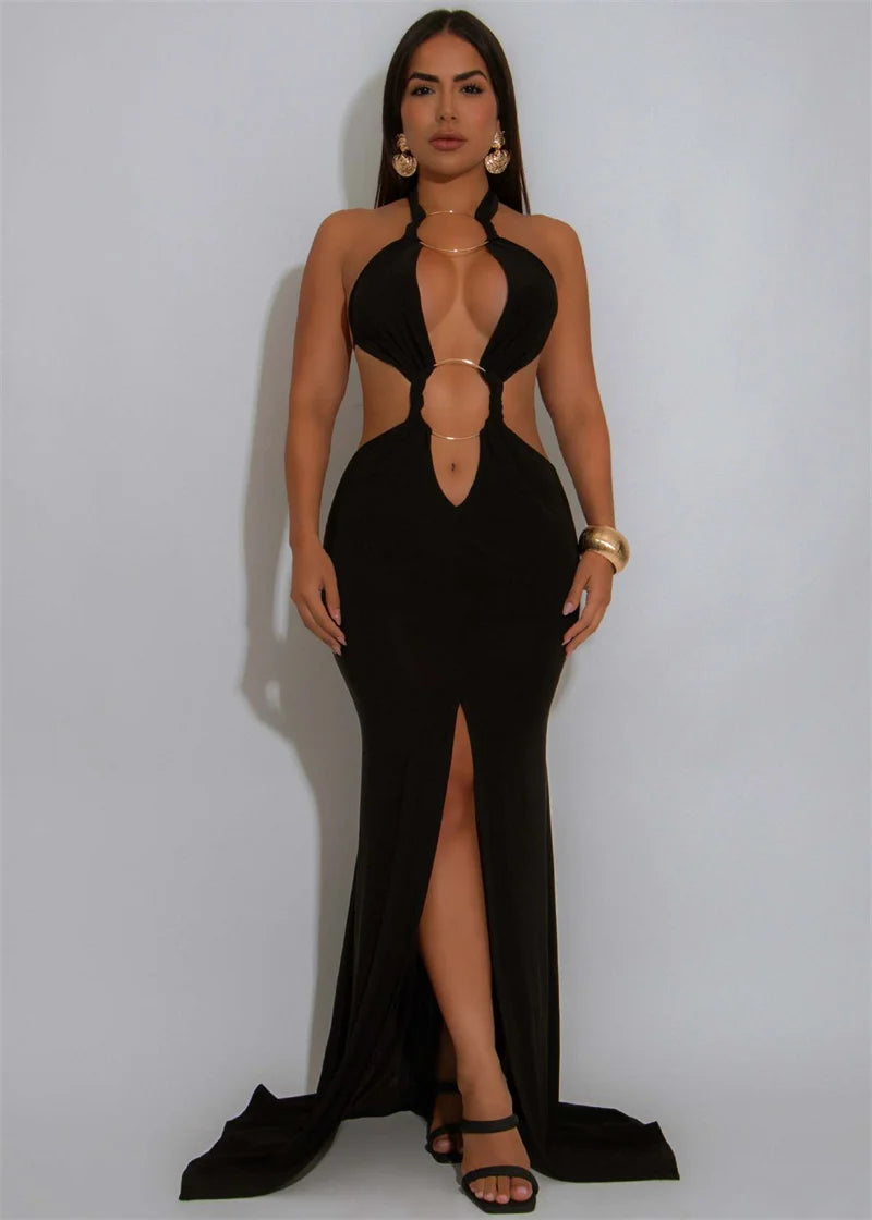 Sexy Halter Backless Mermaid Evening Dresses Woman Nightclub Prom Celebrity Metal Ring Bandage High Split Party Long Dress Robes