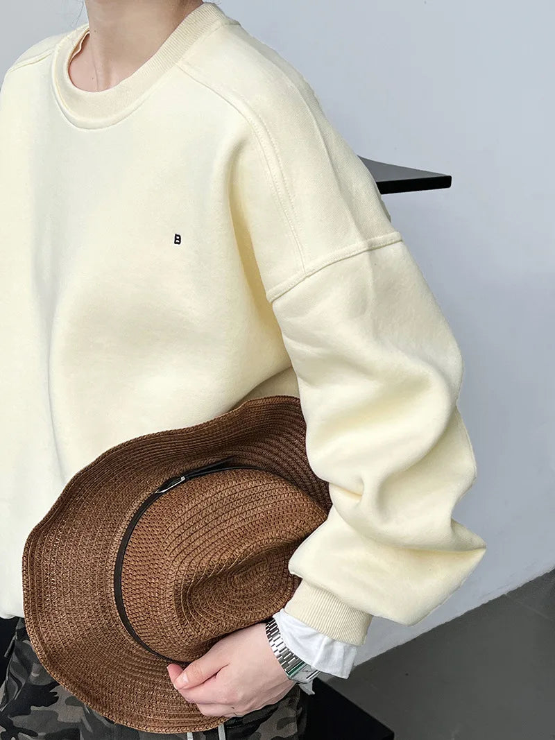 Autumn New Casual Loose Solid Hoodie Women's Embroidered Long Sleeve Top With Velvet