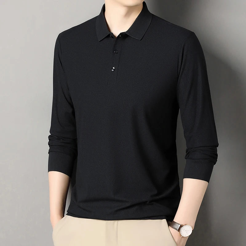 Autumn new men's long sleeved cotton polo shirt, middle-aged business, comfortable, solid color, loose men's lapel T-shirt