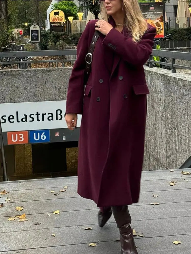 HH Women Fashion Burgundy Woolen Coat Double Breasted Long Sleeve Lapel Blends Jacket Autumn Winter High Street Outerwear