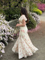 Flutter Sleeves Slim Long Dress Women Casual Pleated Deep V-neck Floral Print High Waist Dresses 2026 Lady Summer Holiday Wear