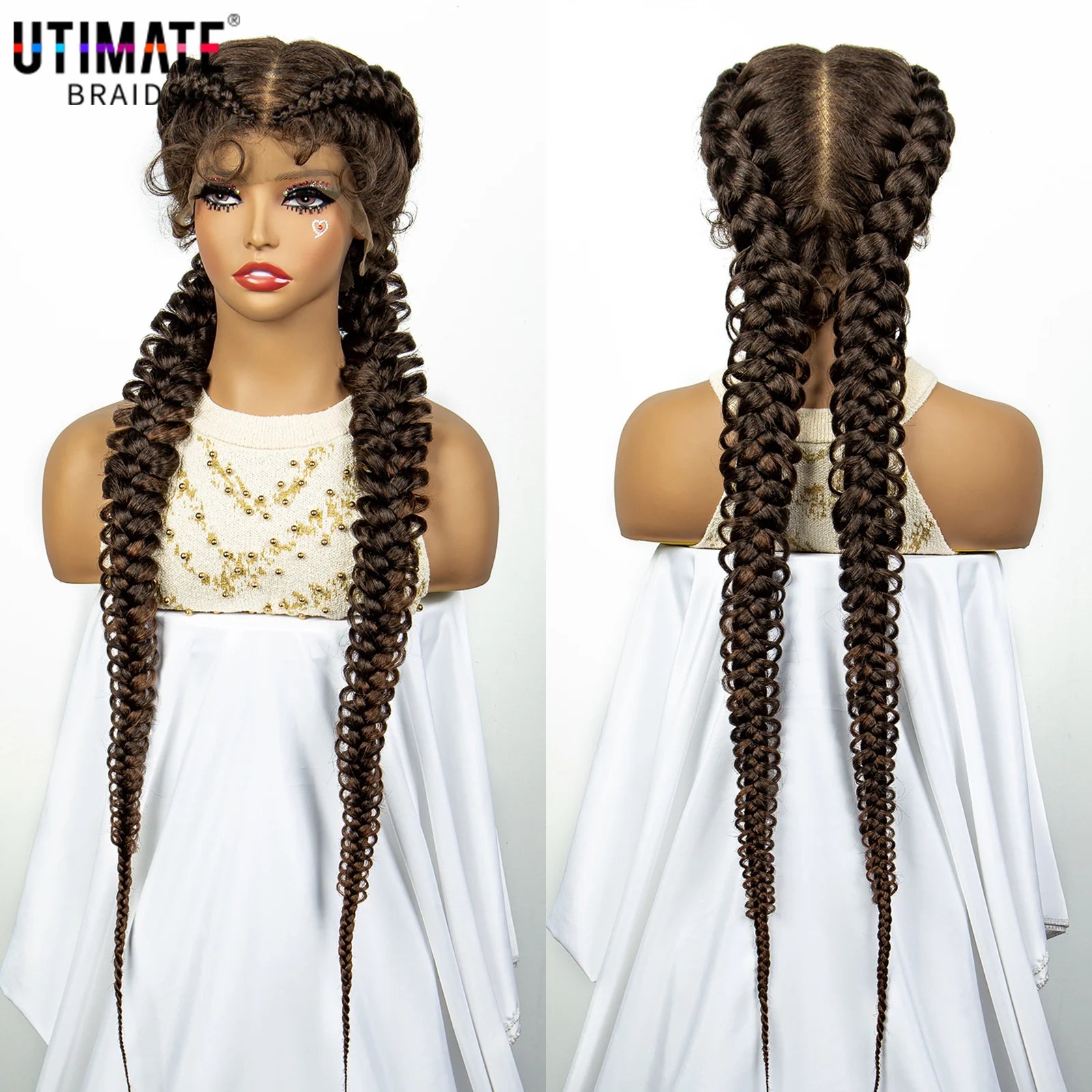 1B/30 Dark Brown Synthetic Lace Frontal Dutch Box Braided Wigs for Black Women Fishtail Braids Wigs with Baby Hair Cornrow Wigs Main image