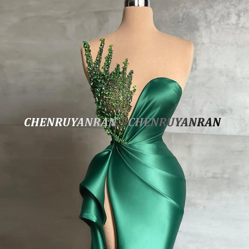Green Evening Dresses 2025&2026 Sweetheart Sequin Beaded Long Satin Formal Party Dress Pleat Side Split Sexy Zipper Simple Prom Gowns Secondary image