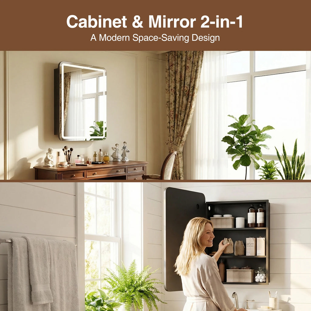 LED Bathroom Mirror Cabinet 3-Tier Storage Detachable Shelves Color Dimmable Defogging Wall Mounted Cabinet Bathroom Furniture