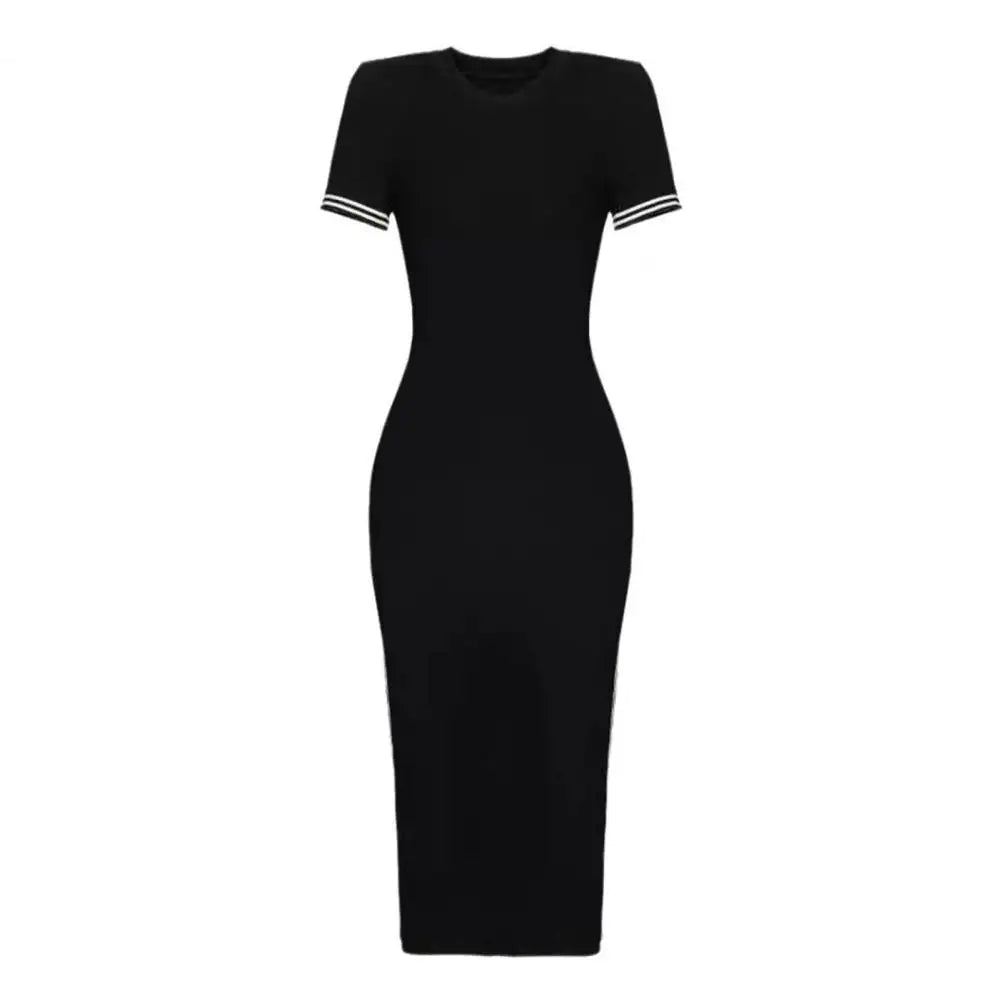Elegant Summer Women Dress O Neck Side Slit Slim Solid Color Short Sleeves Striped Skinny Maxi Dress