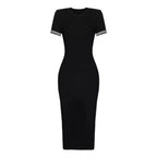 Elegant Summer Women Dress O Neck Side Slit Slim Solid Color Short Sleeves Striped Skinny Maxi Dress