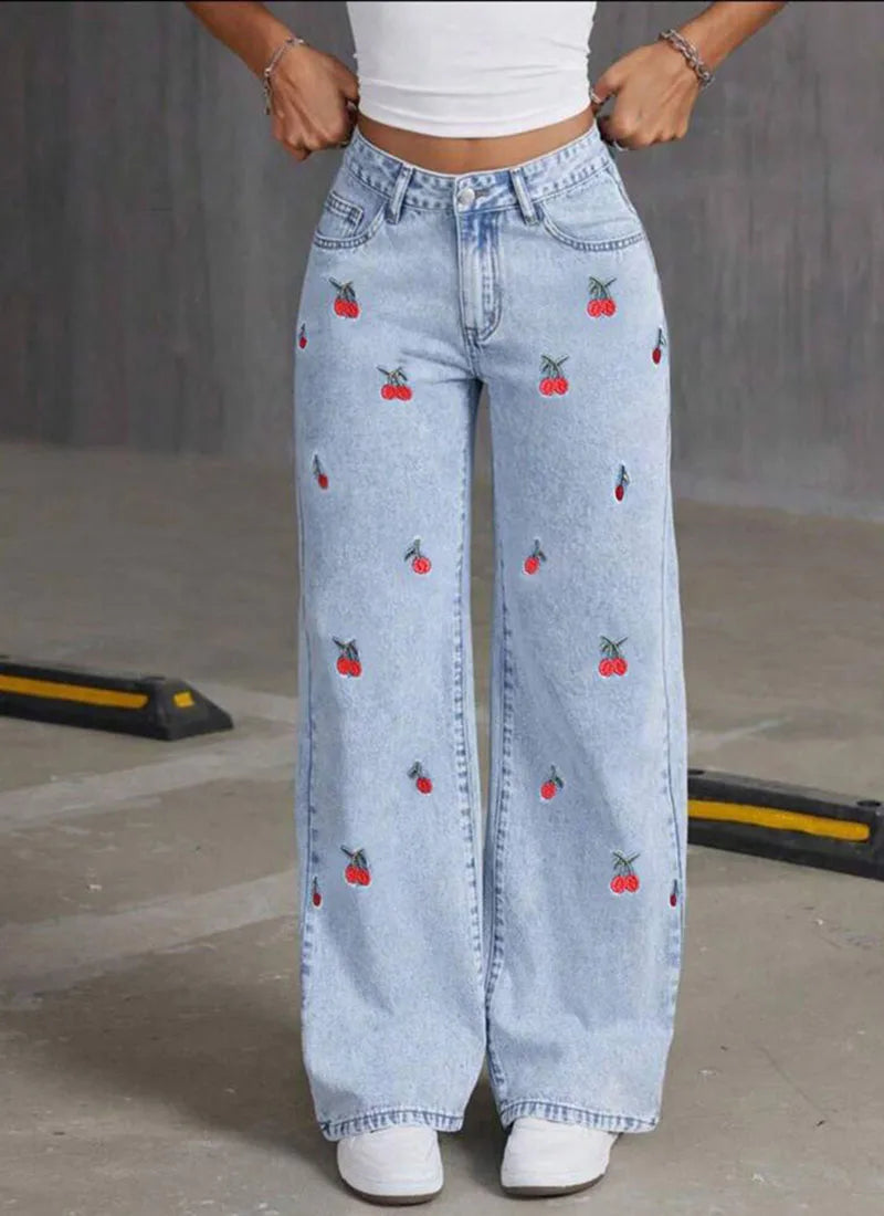 Vintagestyle Women's Jeans Embroidered Fruits Loose Fitting Slim Design Wide Leg Floorlength Style Is Full Of Fashionable Charm