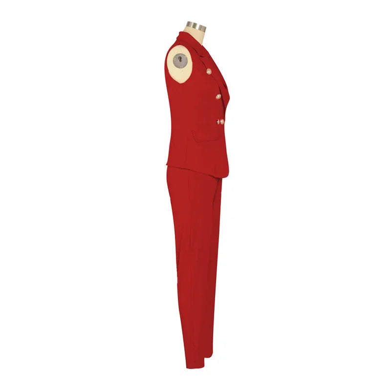 Business OL Work Wear Two Piece Pant Suits for Women Set Elegant Sleeveless Blazer Top + Pencil Pants Office Lady Matching Sets