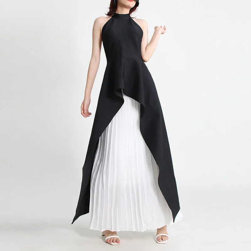 Party Dress Lady Chic Sleeveless Pleated Long Dress Elegant High Waist Evening Maxi Dress Women Fashion Gradient Patchwork Black Secondary image