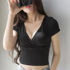 New Summer Black Sexy V-neck T-shirt Short Sleeve Y2k Crop Top Women Clothes Streetwear Korean Fashion Corset Tops Tshirts 2026