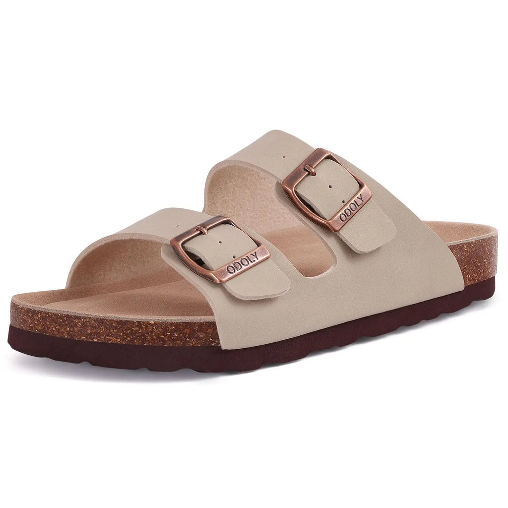 Comwarm Fashion Men Leather Sandals Summer Cork Footbed Slide Sandals Beach Sandals Unisex Brand Sandals with Adjustable Buckle