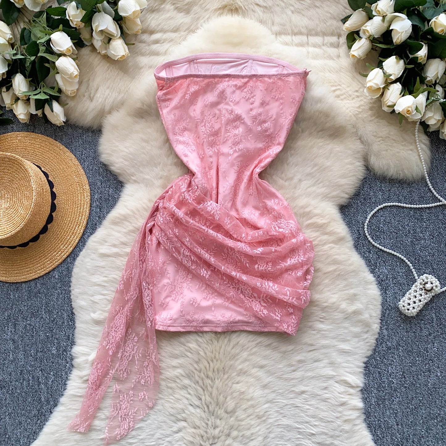 SINGREINY French Strapless Sexy Short Dress 2025 Heart Hollow Out Beading Sundress Backless Corset Lace Beach Mini Dress