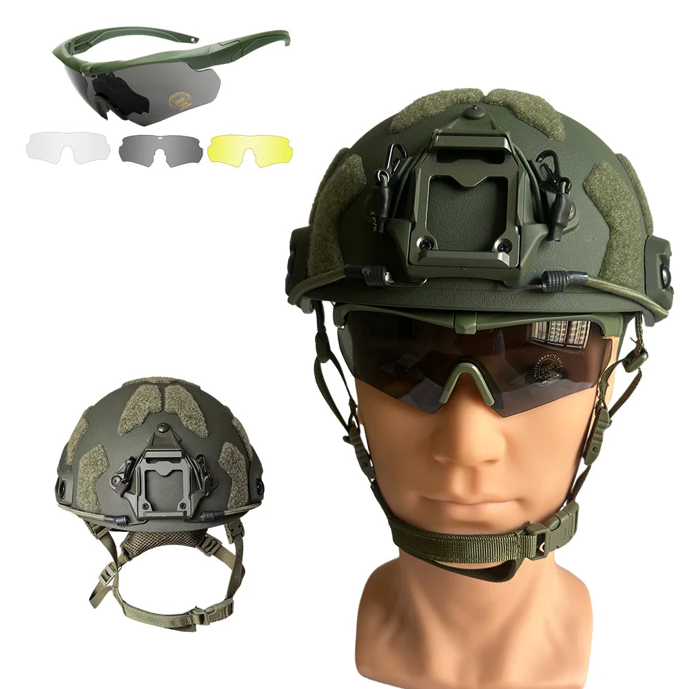 Military Tactical Helmet Set - Multi-Lens Goggles & Full Face Mask, Riot Airsoft CS Protective Gear for Outdoor Sports