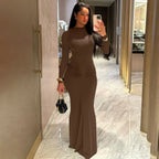 Hugcitar Autumn Solid Long Sleeve Draped Sexy Bodycon Maxi Prom Dress Women Fashion Y2K Outfits Evening Party Festival Club