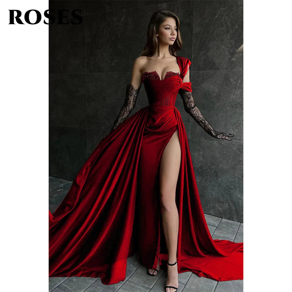 ROSES Red Side High Split Mermaid Evening Dresses One Shoulder Prom Dresses Sweetheart Stain Formal Occasion Dress Customized Main image