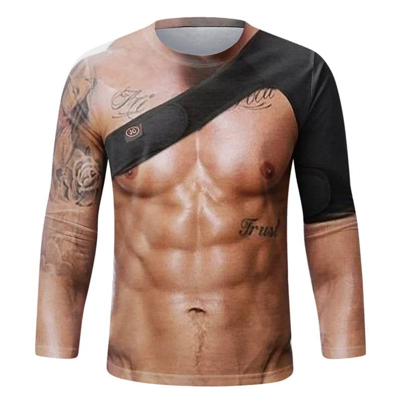Funny Fake Muscle Graphic T Shirt Men's Long Sleeve T-Shirt New Arrival Sports 3D Printed Tshirt Casual Spring Running Tees Tops