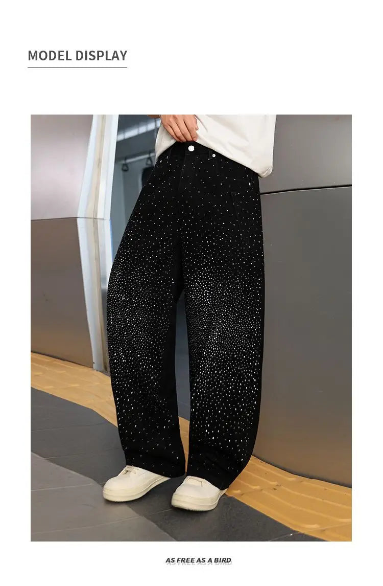 Spring/Summer Rhinestone Straight Leg Jeans Retro Loose Fit Slimming Pants Casual Korean Style Long Pants