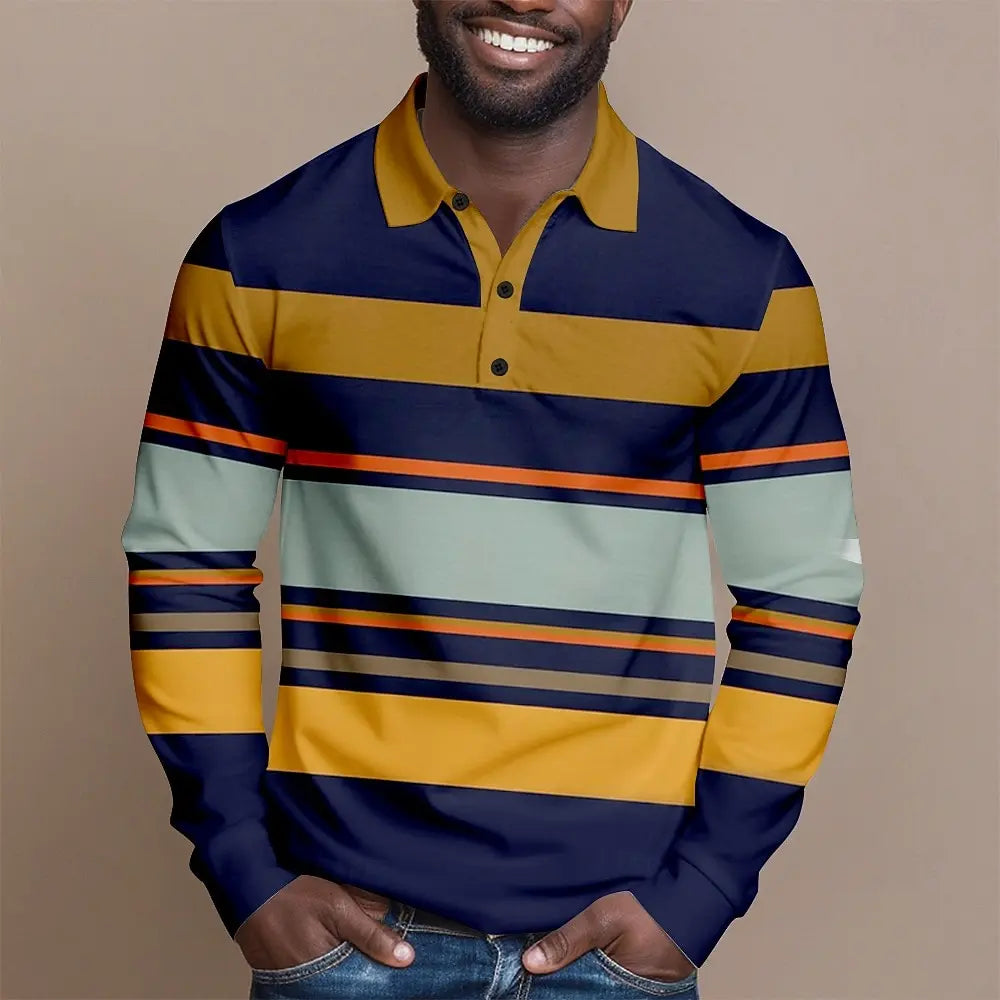 2025 Fashion Men's Stripes Long Sleeve Polo Shirt Breathable Business Casual Top Slim Fit Quick Dry Classic Collar Multi Colors Main image