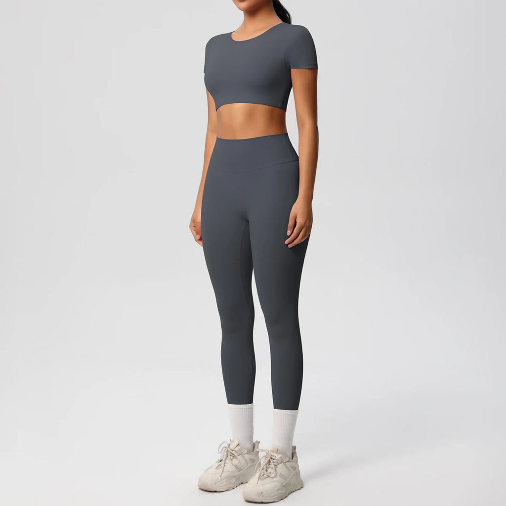 2PCS Woman Gym Sports Yoga Set Knitted Slim Workout Top Short Sleeve Quick Drying Legging Fitness Pants Running Sports Yoga Suit