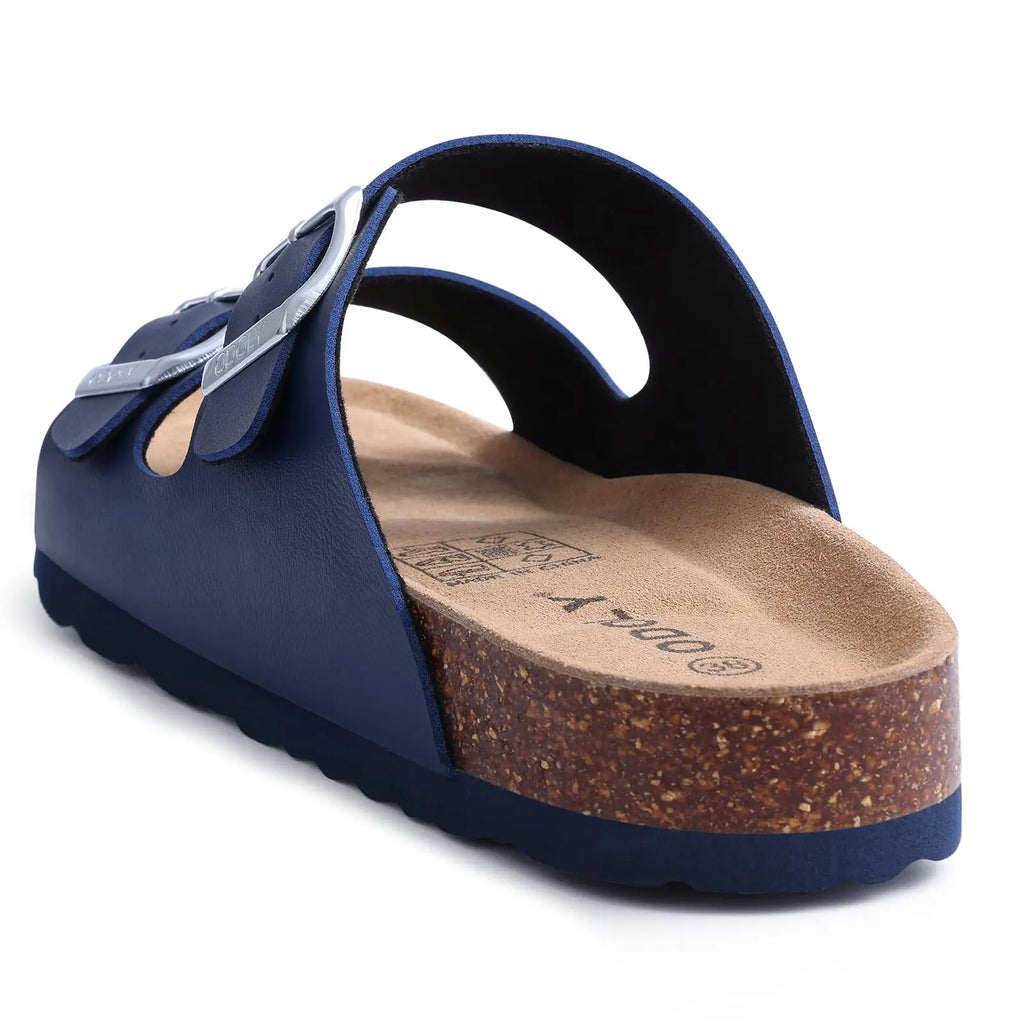 Comwarm Fashion Men Leather Sandals Summer Cork Footbed Slide Sandals Beach Sandals Unisex Brand Sandals with Adjustable Buckle