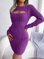 VigoCasey 2026 Blue Casual Short Knit Dress Autumn Winter Women Long Sleeve Dress Sexy Lady Solid Hollow Bodycon Knitted Dresses