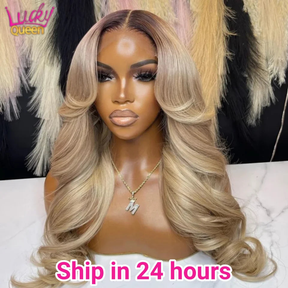 13X6 Ombre Blonde Colored Frontal Wig Human Hair for Women Transparent 13X6 Lace Front Human Hair Wig with Dark Root Pre Plucked