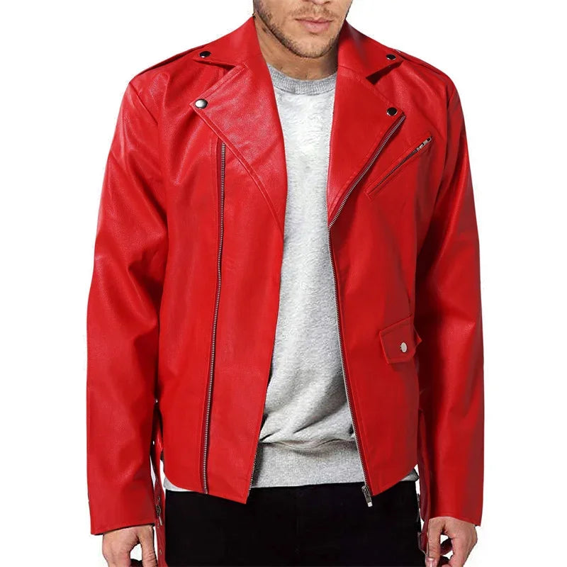 2026 New Men Solid Color Imitation Leather Jacket Red Fashion Homme Oblique Zipper Biker Coats Male Bar KTV Casual Top