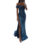 2026 Elegant Off-shoulder Gown Dress V-Neck Sequin Pleated Short Sleeve Waist Tight Maxi Dress Split Evening Party Prom Dress
