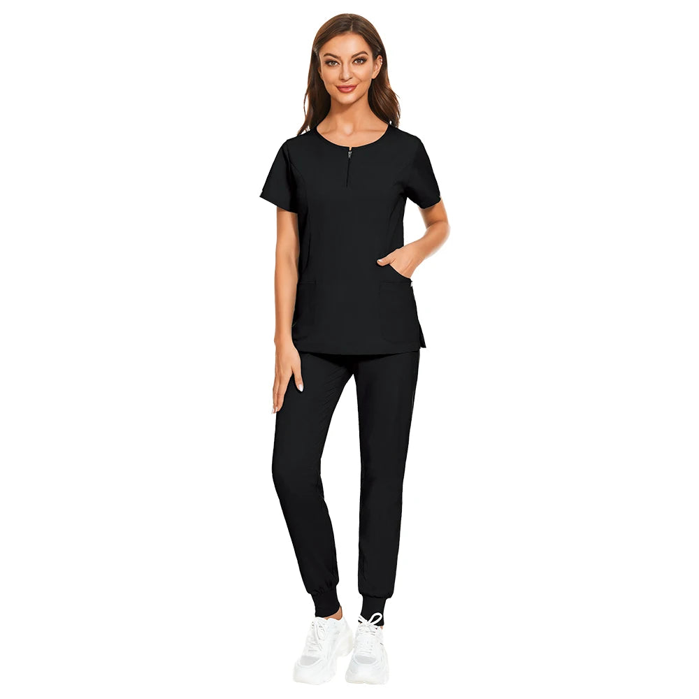 Wholesale 7 Colors Zipper V-neck Short Sleeve Pocket Nursing Working Top Pants Uniform Solid Breathable Soft Women Wear Suit