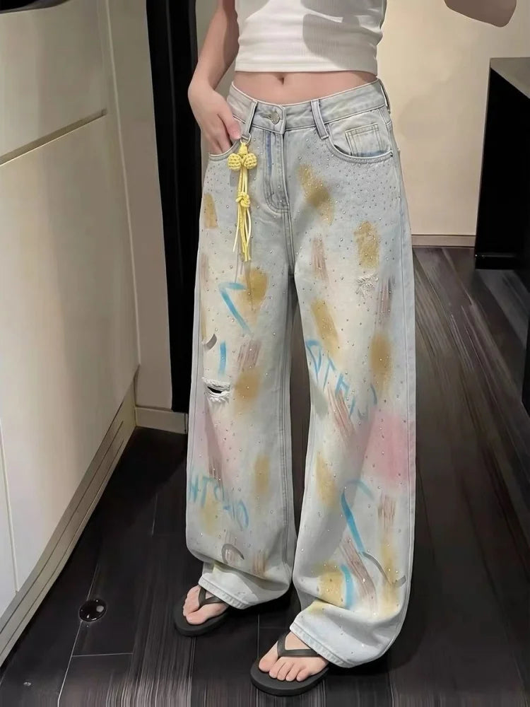 2026 Trend Y2K Style Graffiti Design Vintage Blue Baggy Women's Ripped Jeans Pants For Woman Clothing Straight Denim Trousers