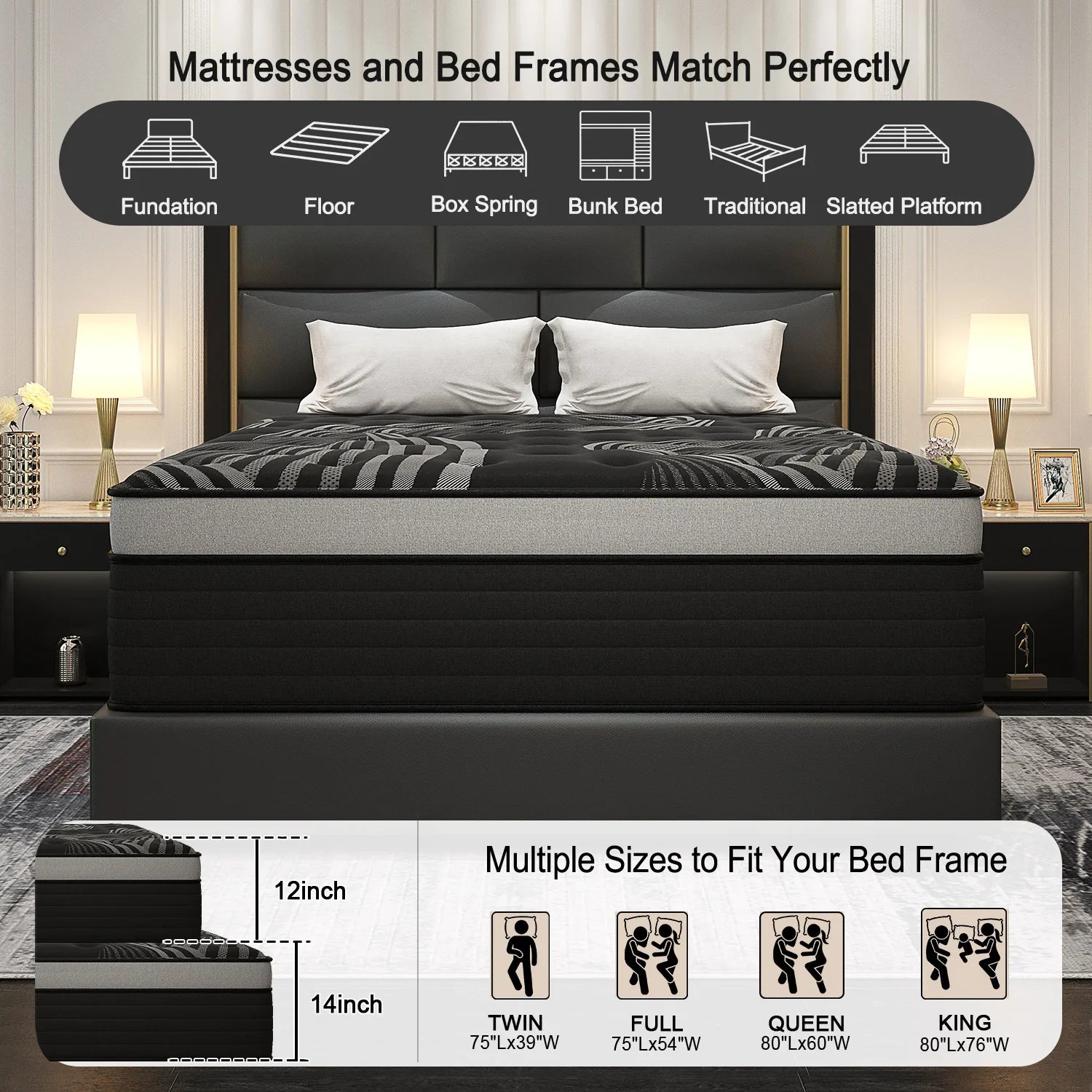 12"14" Gel Memory Foam Hybrid Pocket Spring Mattress Twin Full Queen King Bed Mattress In A Box, Medium Firm Motion Isolation