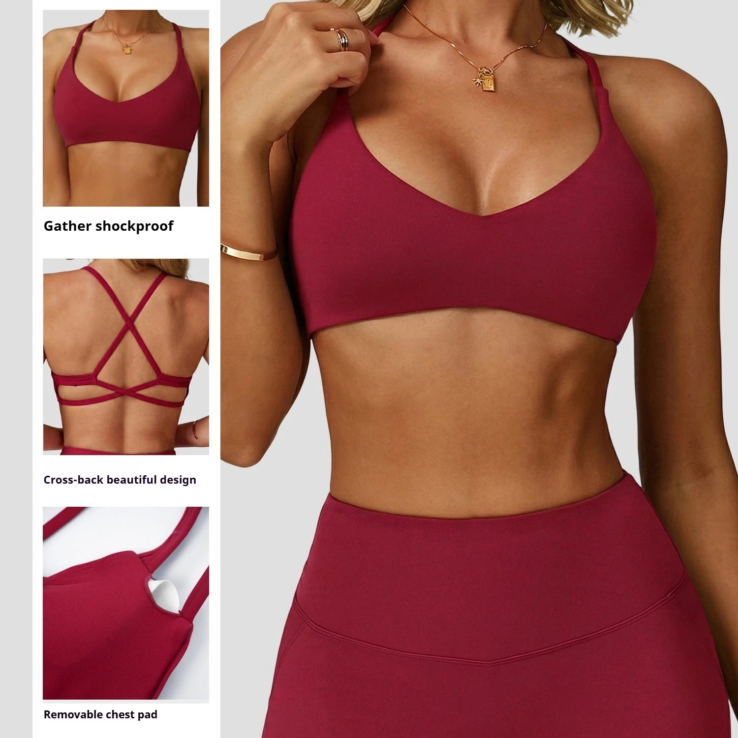 Sports Bra High  Support Women Gym Underwear Push-up Back Cross Yoga Crop Top Running Workout Fitness Pilates Solid Color Main image