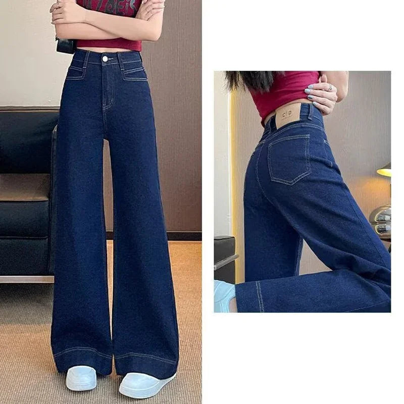Girls Fashion Korean Straight Casual Jeans Female Baggy High Waist Wide Leg Denim Pants Women Classic Wash Dark-blue Trousers Main image